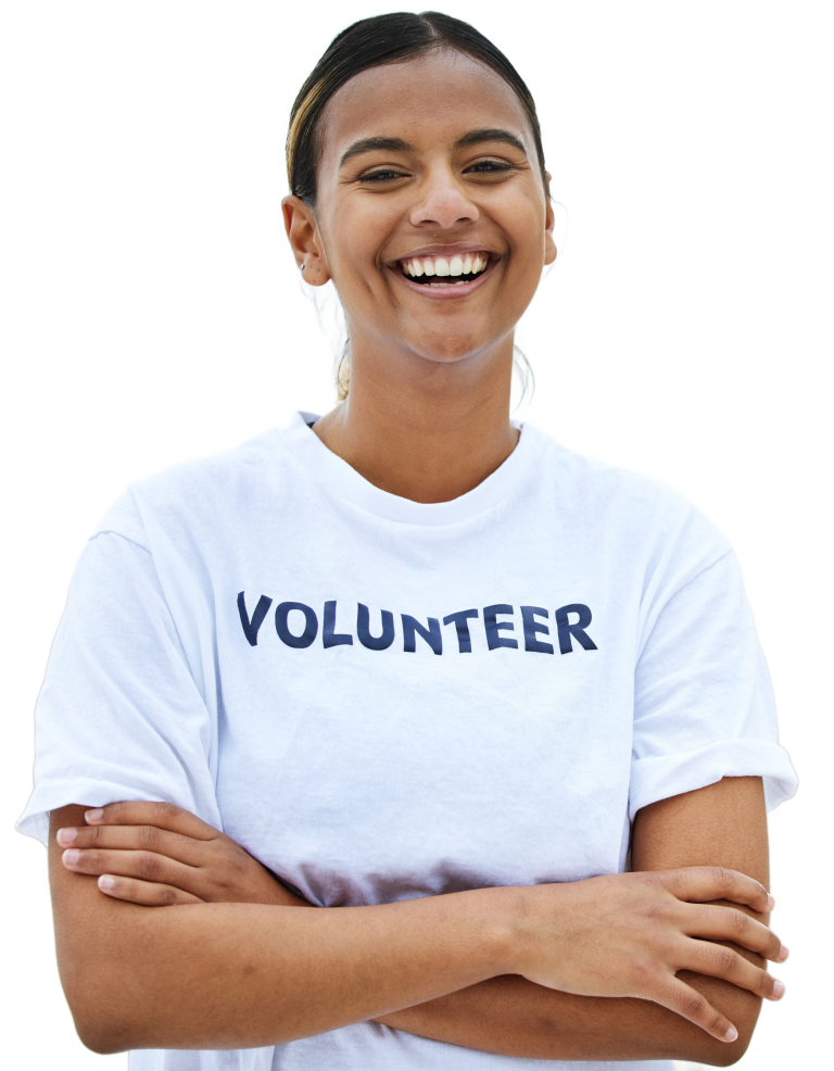 Smiling volunteer in a volunteer T-shirt
